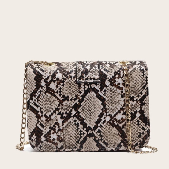 Vegan Leather Snakeskin Gold Tone hardware Chain Shoulder Crossbody Bag - Picture 4 of 7